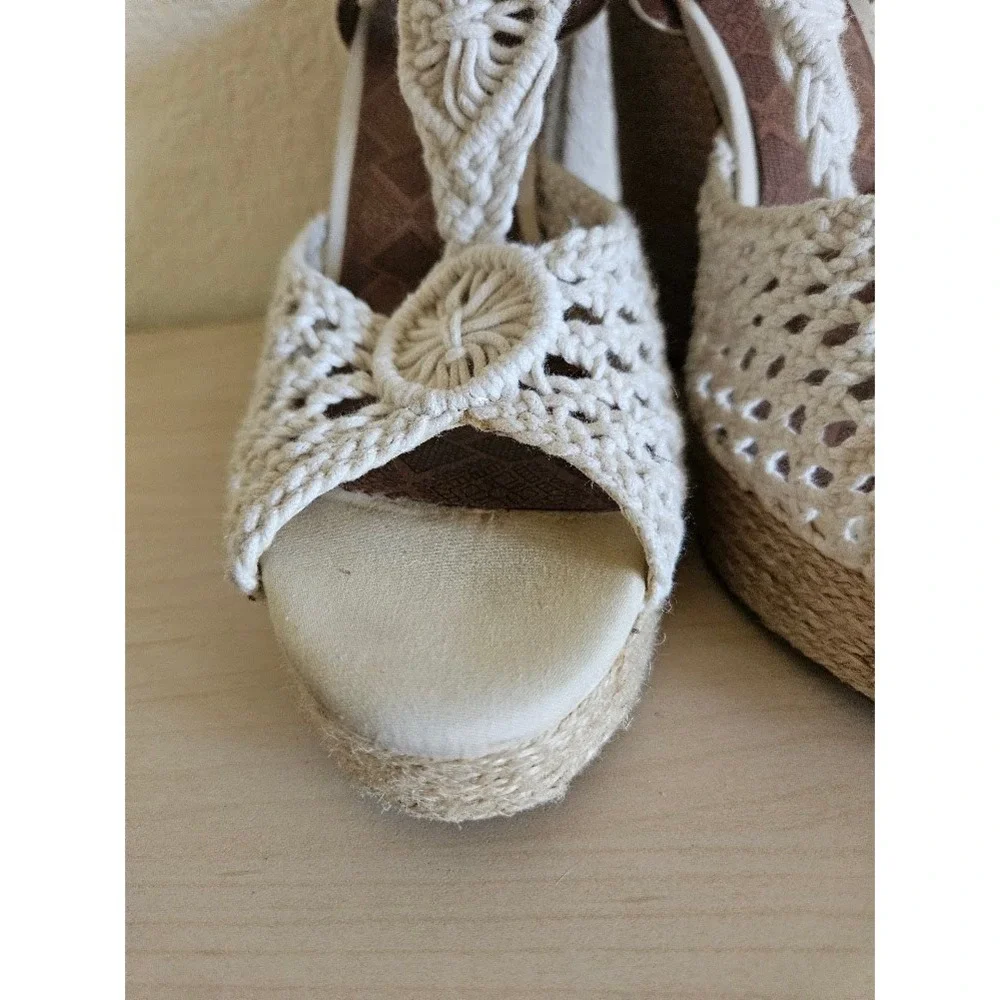 Lucky Brand Macrame Crochet Sandals Wedge Heels Cream Women Size 8 Boho